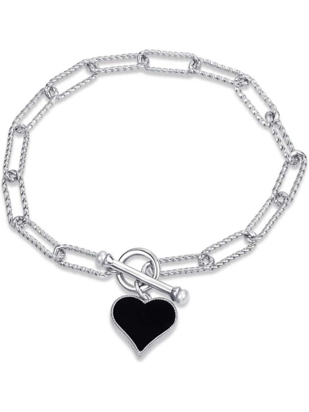 Dainty 925 Sterling Silver Heart Charm Bracelet with Black Onyx & White Shell